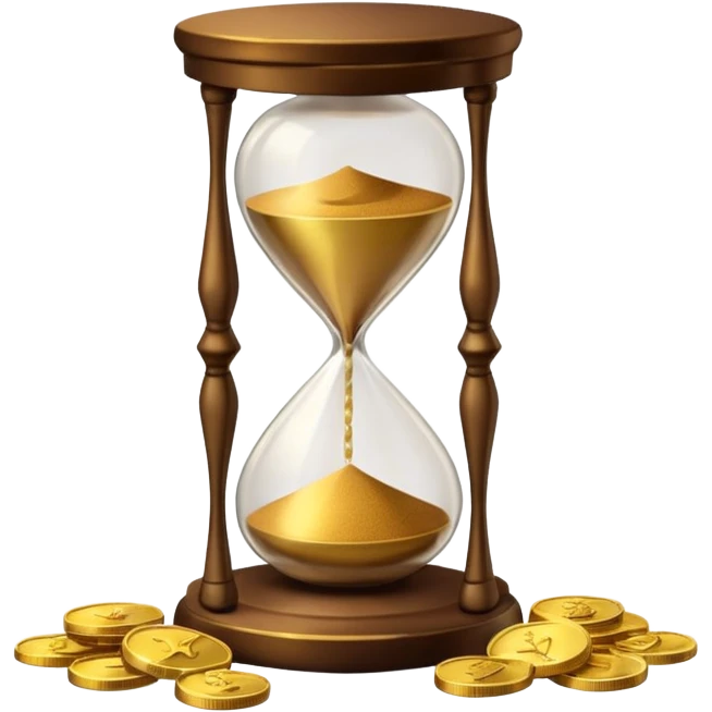 Realistic 3D render of a stack of shiny gold coins with brown hourglass beside it. The hourglass has transparent glass with dark golden-brown sand flowing inside and warm brown top and base. Soft lighting, clean white background, smooth shadows, high detail, symbolizing time and wealth. emoji