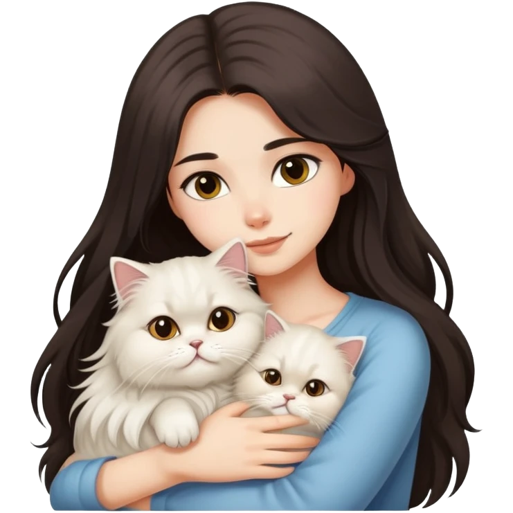 pretty girl with DARK long hair hugging her light hair fluffy persian cat  emoji