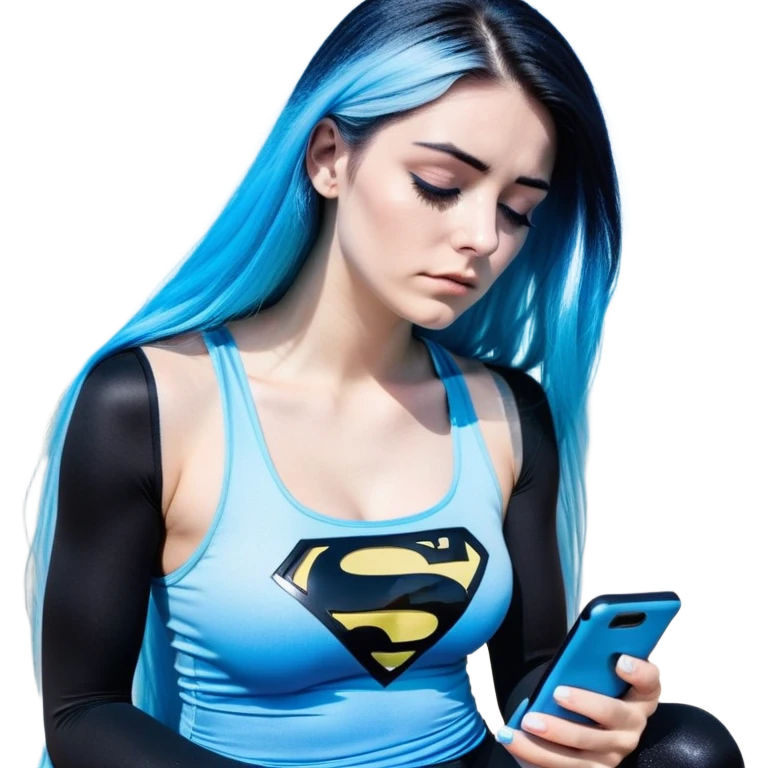 Shameful disappointed crying-very very very very big chest-texting on a samsung cell phone-very long straight flowing black to sky blue hair ombre-blue eyes-black eyeliner-long eyelashes-plastic sparkling sky blue very low cut tank top with sparkling superman logo-black leggings-nike sneakers emoji