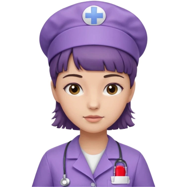 A young female slim nurse with short Brown hair with fringe over her forehead, wearing larvendar purple working cloth, without nurse cap emoji