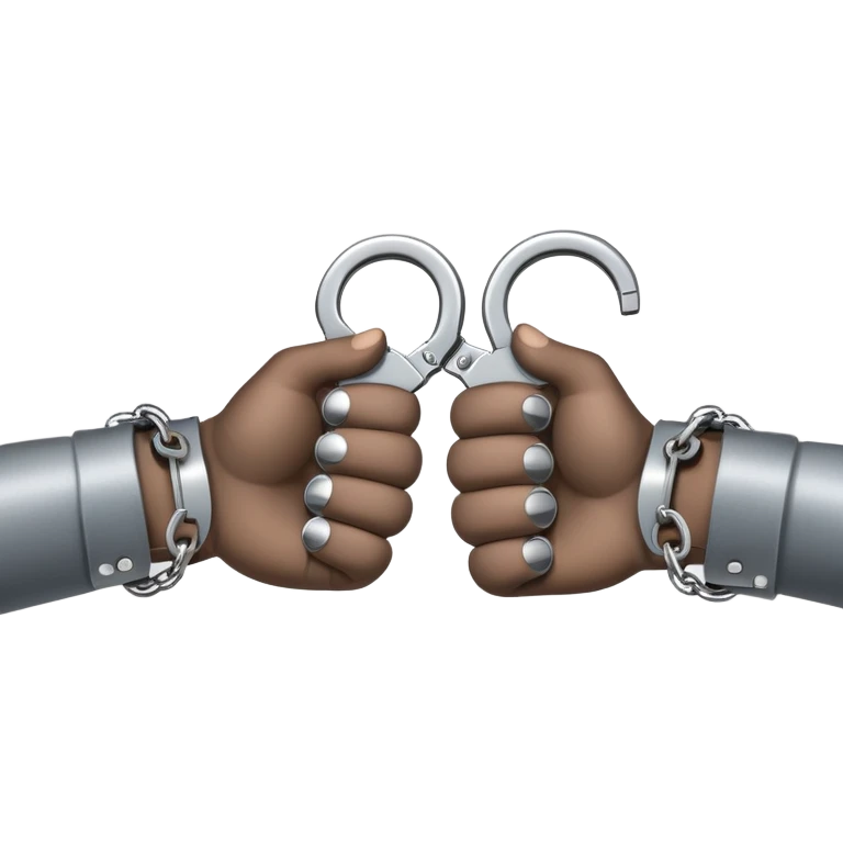 An emoji of two hands cuffed behind the back with metallic handcuffs. The wrists are slightly tilted inward, showing restraint. The handcuffs have a reflective silver surface, symbolizing arrest, punishment, or law enforcement. Simple, cartoon-style design emoji