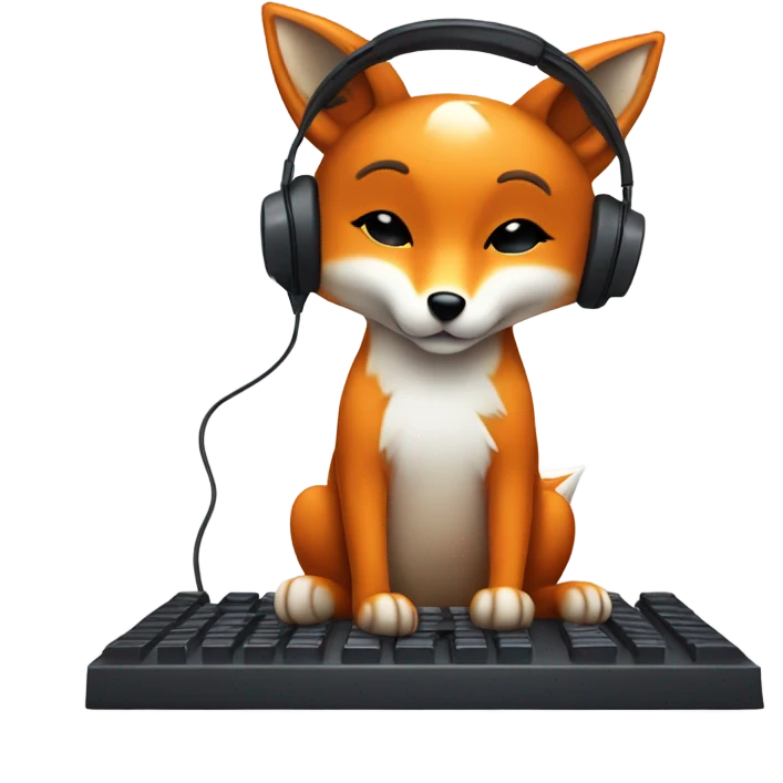 Detailled Baby kawaii fox with headphones on ears and keyboard computer emoji