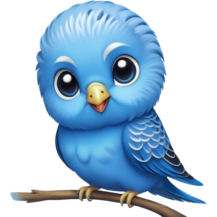 Cinematic Cute Blue Budgie Portrait Emoji, Head tilted playfully and inquisitively, featuring a brilliant blue feathered fur with a natural sheen, round, sparkling dark eyes filled with curiosity, Simplified yet irresistibly adorable features, highly detailed, glowing with a warm, friendly glow, high shine, affectionate and lively, stylized with a touch of whimsy, bright and endearing, soft glowing outline, capturing the essence of a mischievous yet loving budgie, so playful it feels like it could chirp out of the screen and into your arms! emoji