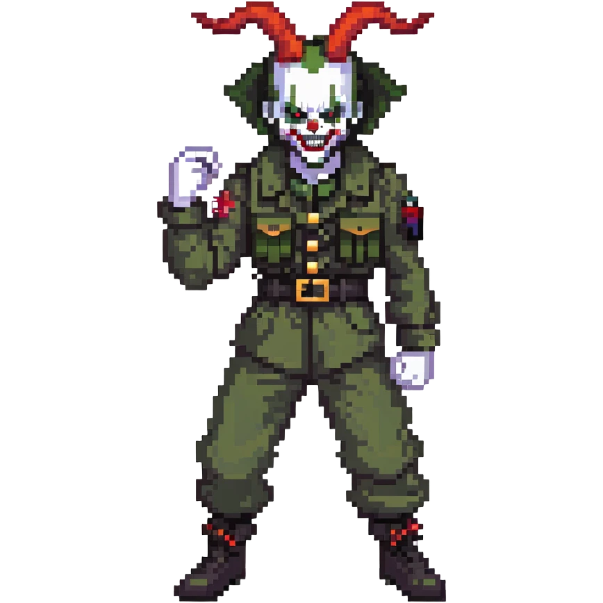 evil clown soldier, bald, small black satan horns on forehead, fangs, pointed ears, eye patch over one eye, black and military green clothes with bellbottom pants, realistically proportioned, less bulky, full body, fighting stance emoji