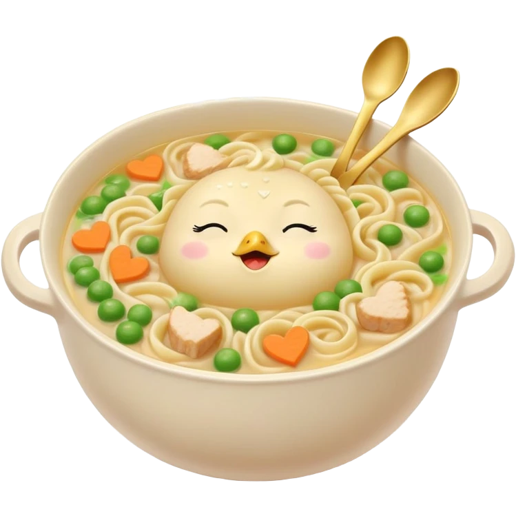 pastel toned ceramic bowl beige yellow chicken noodle soup visible noodles chicken carrots peas bowl with cute relaxed face closed eyes rosy cheeks steam curls up hearts notes spoon inside glowing aura sparkles surround bowl comforting soupy vibe emoji