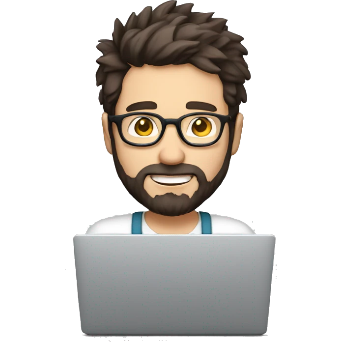 man with light skin, short messy hair, dark brown hair, with round glasses, with a beard and a short nose. Happy computer technician with a laptop emoji
