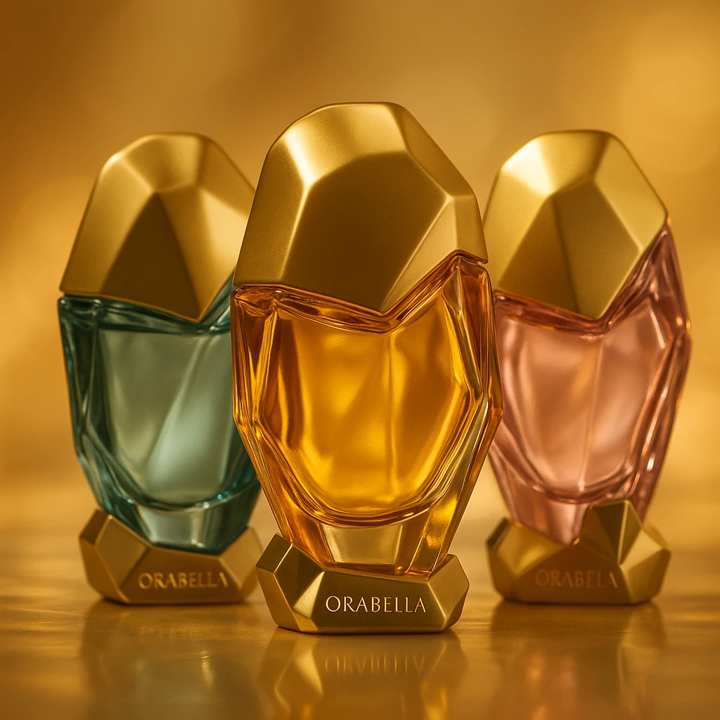 Create a cinematic, realistic 3D rendering of the Orabella fragrance bottle, matching the real design and colors, with soft focus, glowing highlights, and a premium feel. Highlight elegance and softness in the lighting. emoji