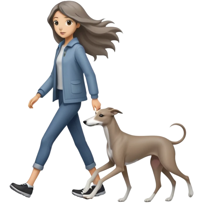Japanese girl with flowing hair walking a solid grey greyhound with no white markings emoji