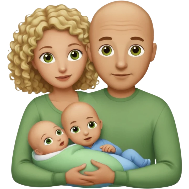 Un hombre calvo de ojos marrones con su mujer rubia de pelo rizado y ojos verdes sosteniendo un bebé niño de pelo rizado moreno y de ojos marrón verdoso emoji
