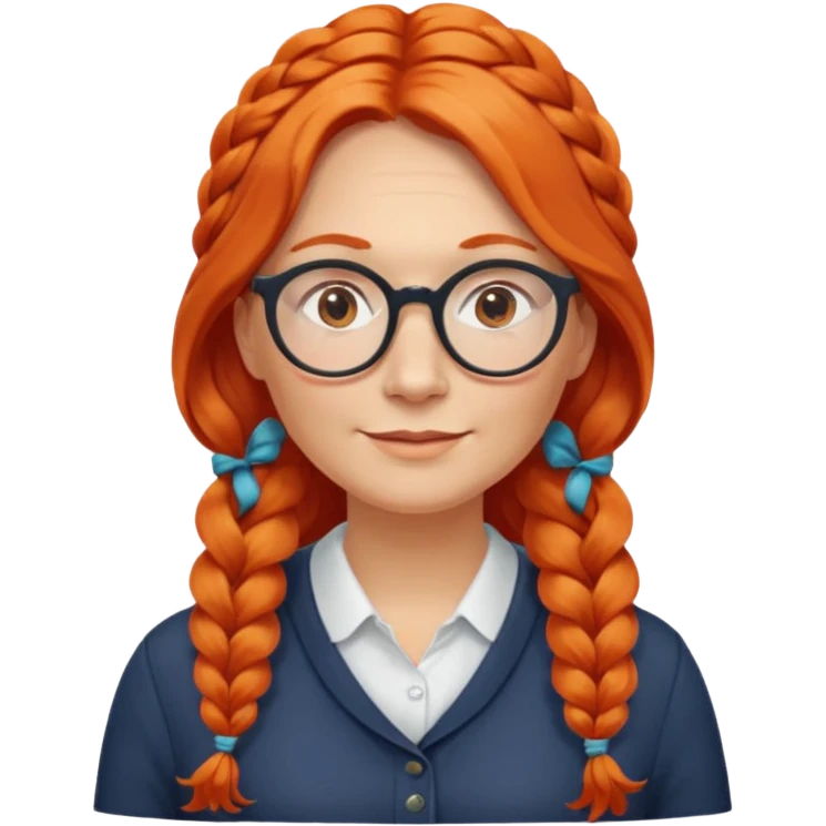 Norwegian woman, middle-aged, long wavy orange-red hair in a single plait on one side, big round glasses emoji