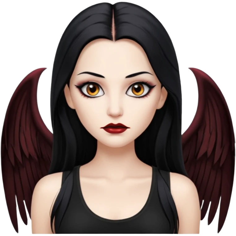 White woman with a white tank top long black hair glossy middle part straight long hair vampire look  brown eyes eyeliner winged with lashes top and bottom white border big lips black eyebrows emoji