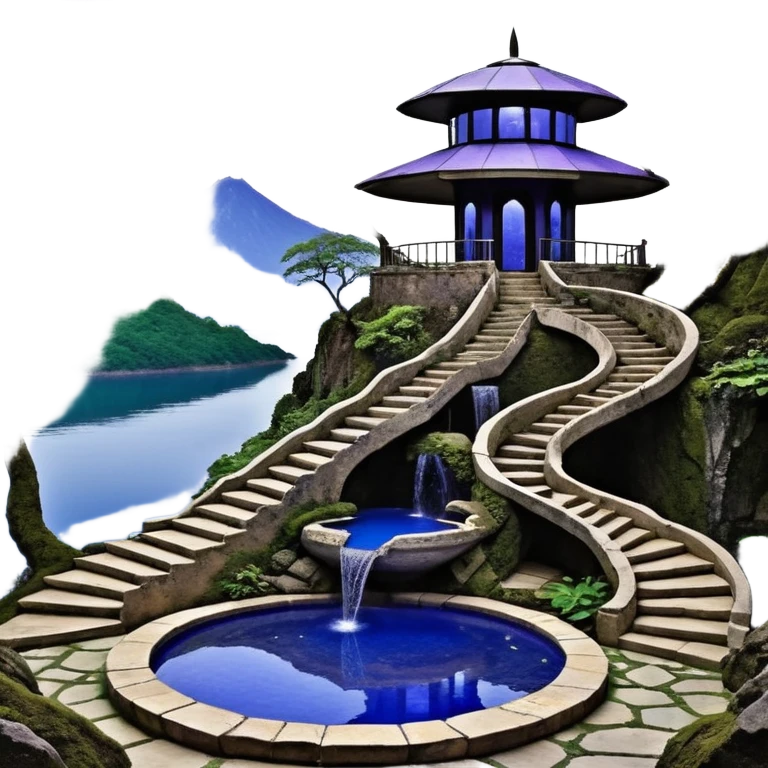 Alien saucer poolhouse jungle winding narrow stairway fountain lakeside mountainside -island getaway nighttime landscape antique mudman very old broken cracked intricate Stone Age lapis-crusted irregular dodecagon-shaped shallow dark moss rough bark violet serissa flowered maple tree bonsai emoji