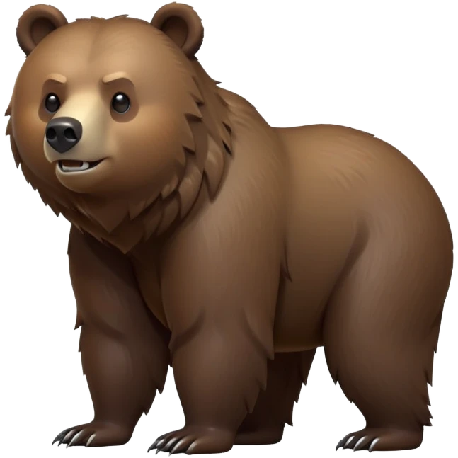 cinematic-[grizzly bear]-realistic-full-body-standing on all fours-emoji,-tail-tucked-close,-head-tilted-dramatically,-thick-[dark brown]-fur,-simplified-yet-realistic-focused-features,-highly-detailed,-glowing-with-an-almost-sarcastic-glow emoji