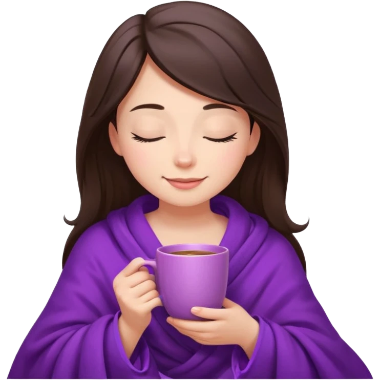 girl brunette inside a violet blanket sipping coffee from pink mug eyes closed emoji