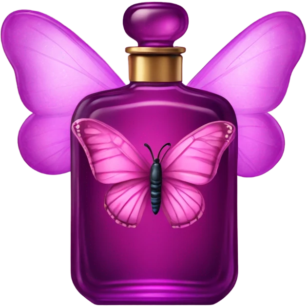 A dreamy vintage perfume bottle in dark pink, adorned with delicate violet butterfly wings. emoji