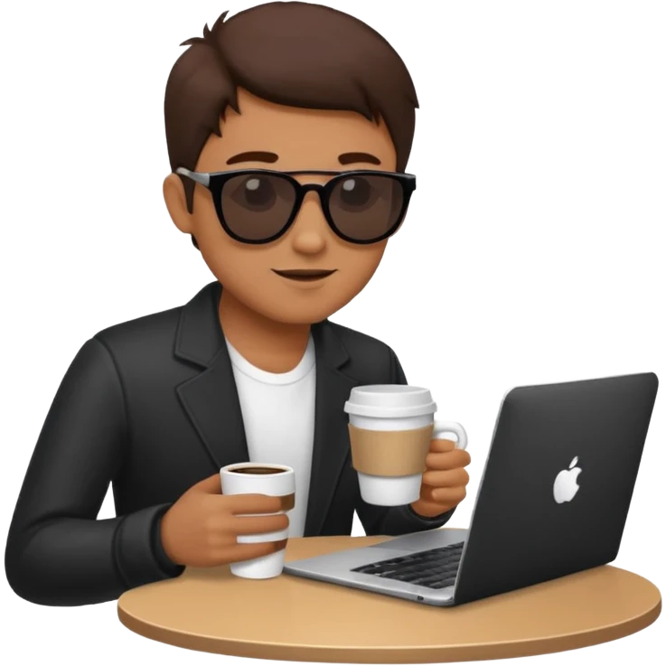 man wearing sunglasses holding a coffee cup and working on a laptop emoji