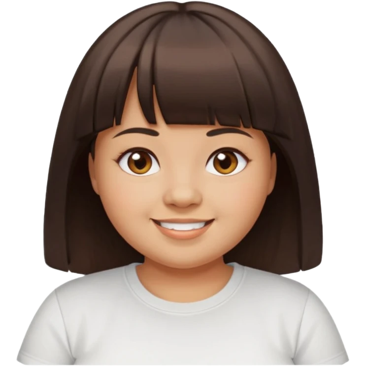 27 year old woman with tan skin, dark brown hair with blunt cut bangs, chubby face, brown eyes, smiling without teeth showing, white tee shirt emoji