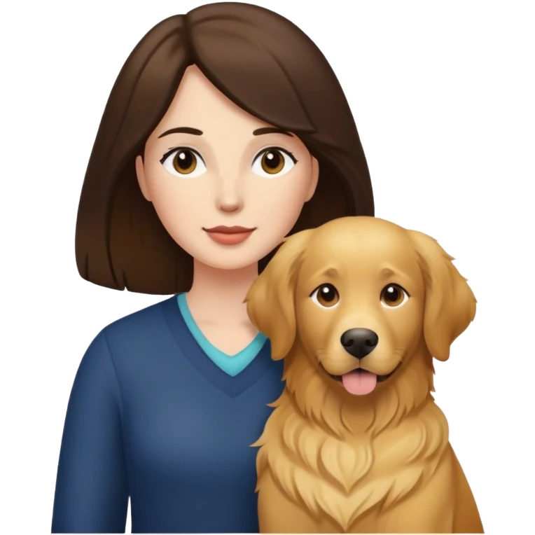 White woman with dark brown hair and a golden retriever emoji