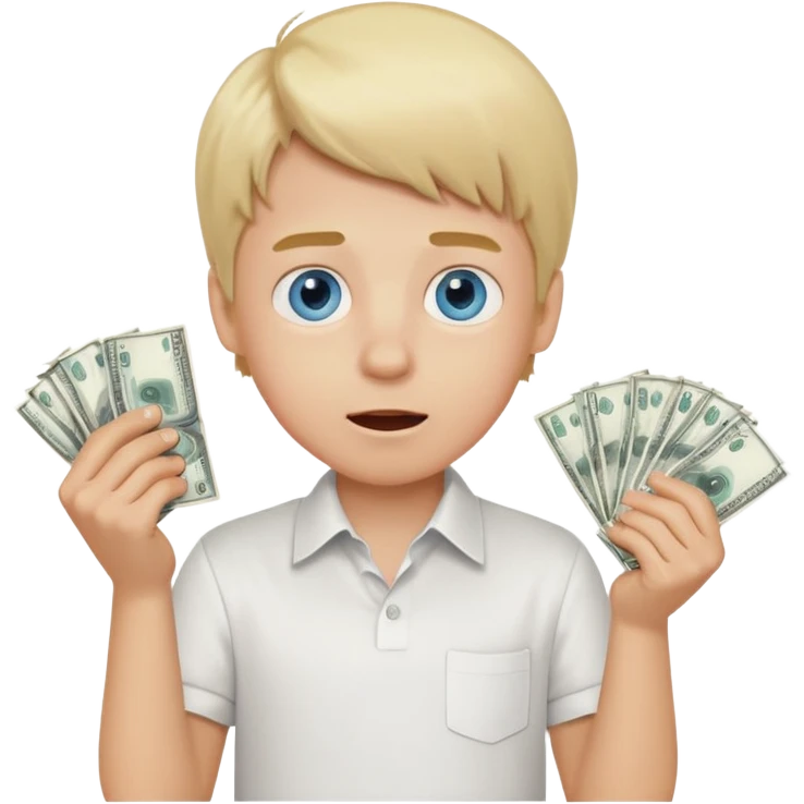 blonde boy, blue eyes, white shirt, holding money, surprised emoji