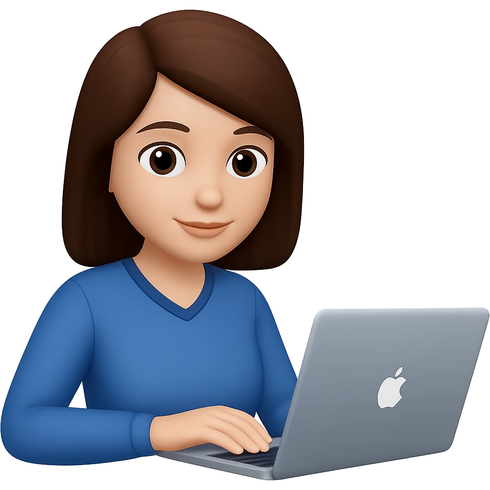 Change hair to brown, right hand forward to the front, keep blue clothes, hand on laptop. The style should resemble emoji style with no background. emoji