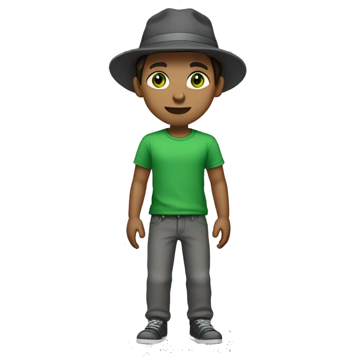White boy with dark brown hair with a hat on with his hair hanging out with green eyes and grey shirt and dark grey pants  emoji