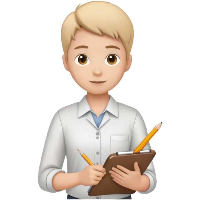 intern or volunteer holding a clipboard and pencil, ready to take notes or assist. The character wears a simple shirt and has an eager posture emoji