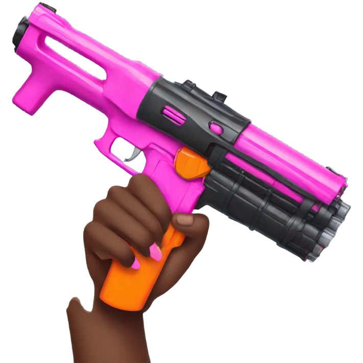brown hand with pink nails holding large scary dark nerf gun emoji