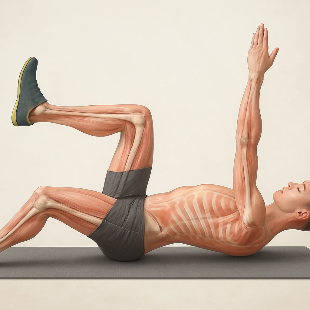 Anatomically hyperrealistic 4K side view of a man in dead bug position with the arm on the ground fully extended above the head, straight, showing pelvis and spine bones, translucent muscles and skin, medical atmosphere, realistic anatomical details. Variant 6, slightly change the position of the hands. emoji