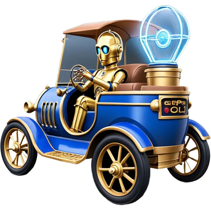  tarnished blue neon underglow C-3PO ghost buster 1927 delicately ornate rosegold wood barrel accents Model-T bucket Rolls efficiently powered by electric motors and batteries with racing safety belts while flying rapidly roughening terrain stable on strong agile advanced suspension and steering emoji