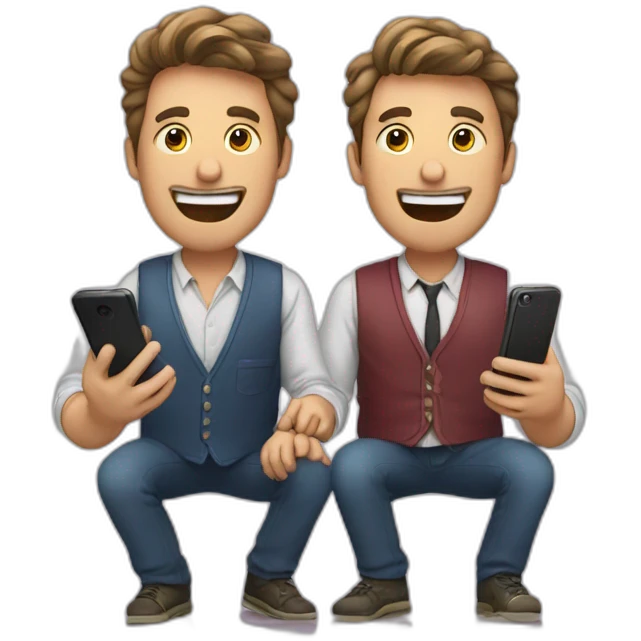 dois homens comemorando com celular emoji