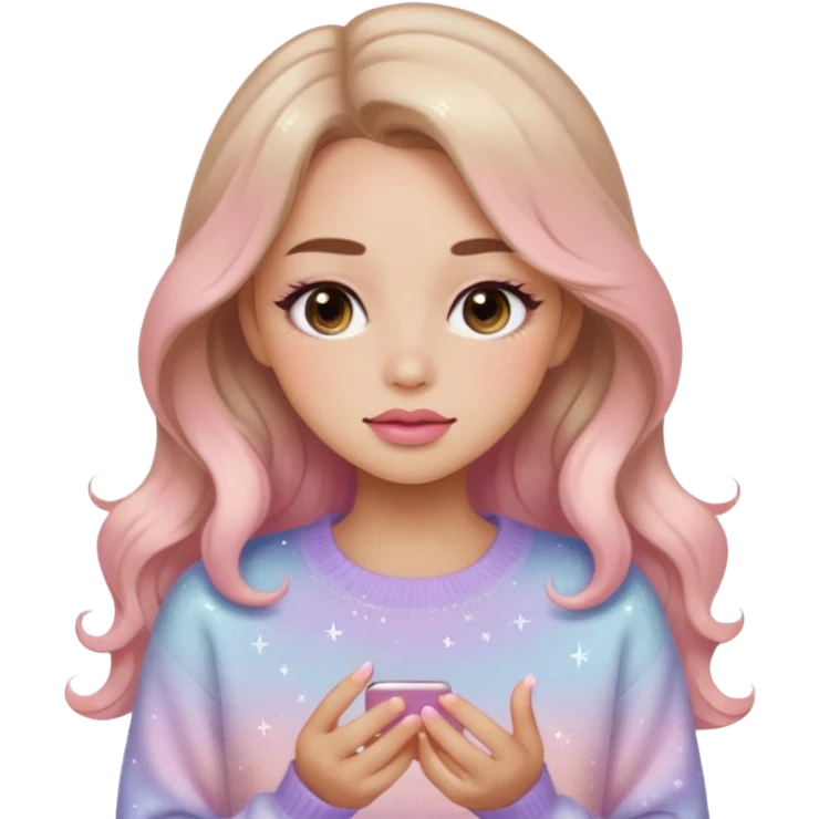 “Emoji girl, soft eyeliner, gradient rose lips, light brown shimmer eyeshadow, sparkly aegyo-sal, long wavy hair, cozy pastel sweater.” emoji