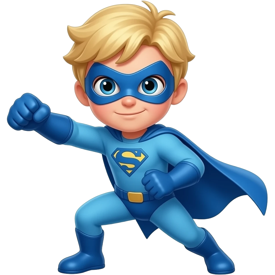 quiero que me hagas a un superheroe con el pelo rubio mascara azul i con un traje azul que sea un niño peleando emoji