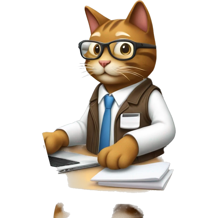 Create an emoji of a happy brown cat with computer glasses, typing on a computer and taking notes. The cat is sitting on an ergonomic chair, with a coffee mug, a potted plant, and wearing a jacket because the office AC is cold. emoji