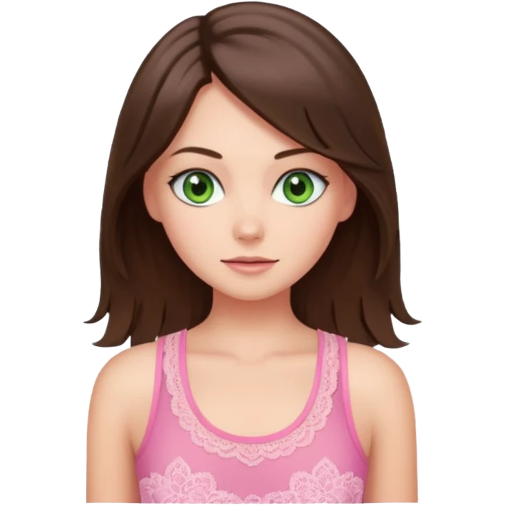 super long haired brunette with middle part cute pink lacy tank white but tan green eyes hairflip emoji