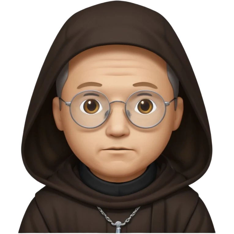 Monk priest prayer black habit with hood round black glasses done light brown wavy hair under hood remove the medallion smaller more round glassed age 46 remove necklace thinner or more oval face  emoji