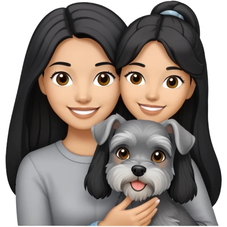 A smilling woman with long black hair holding a light gray Schnauzer emoji
