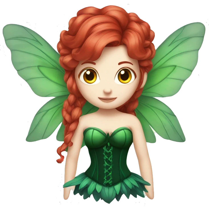 Fairy with long red hair pale skin deep green wings and green corset emoji