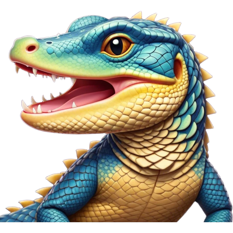 Cinematic Cute Yawning Monitor Lizard Portrait Emoji, Head tilted slightly with a dramatic, wide-open yawn, showcasing textured, patterned scales and sleepy, half-closed eyes exuding relaxed charm, Simplified yet irresistibly adorable features, highly detailed, glowing with a soft, cozy glow, high shine, relaxed yet expressive, stylized with a dash of whimsical wildness, soft glowing outline, capturing the essence of a drowsy yet affectionate reptile that appears ready to stretch out for a nap! emoji