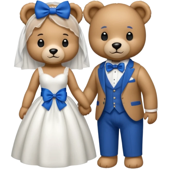 Teddy bear wearing white wedding dress holding the hand to another teddy bear wearing a big royal blue bow tie emoji