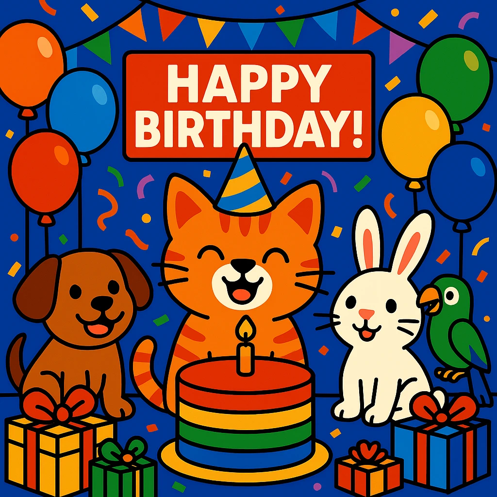 birthday party scene with a rainbow color theme including rainbow balloons, multicolored decorations, confetti, a large rainbow birthday cake, gifts, and a festive atmosphere; main character is a ginger tabby kitten wearing a birthday hat, surrounded by a puppy, bunny, and parrot also celebrating; include a prominent 'Happy Birthday!' message emoji