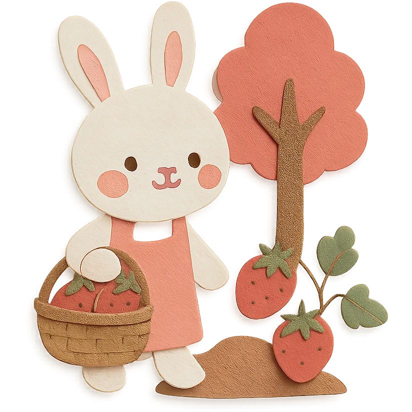 a bunny picking strawberries in the woods, sweet pastel red colors, paper craft style emoji