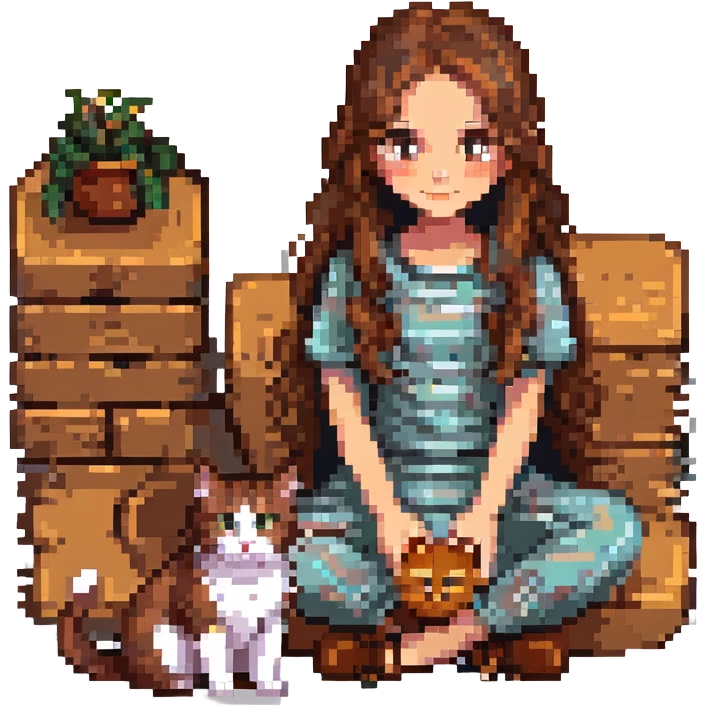 a girl with long wavy brown hair and brown eyes sitting with a cat, pixel art style emoji