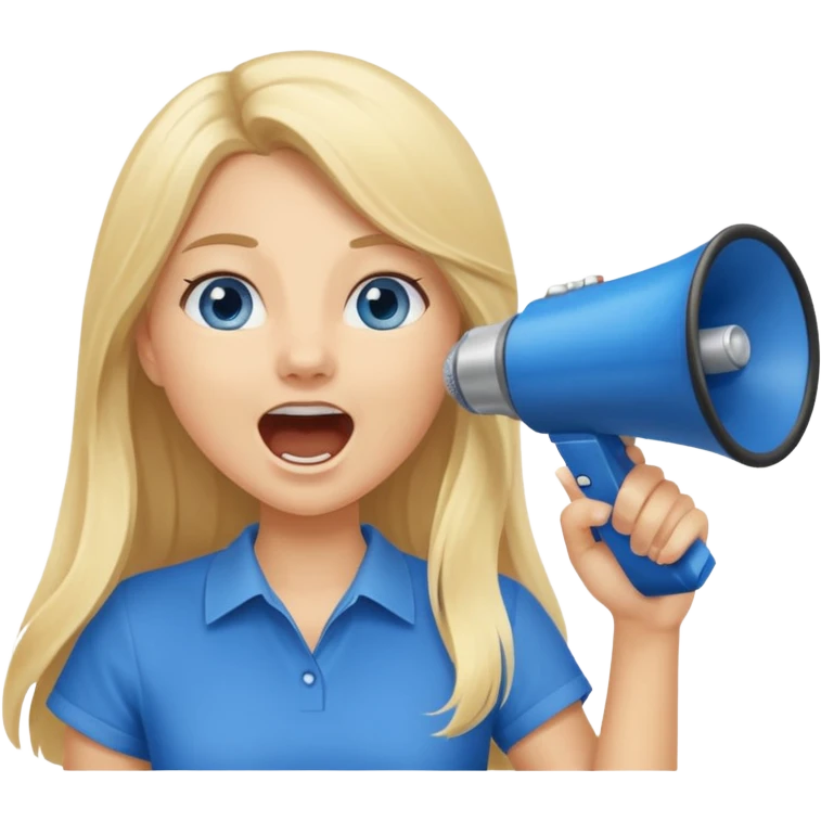  blue eyes blonde girl yelling into megaphone smiling long hair emoji