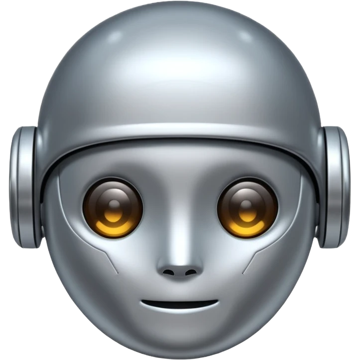 A cute futuristic robot emoji made of silver chrome, rounded friendly body, minimal facial features, glossy metallic surface, soft reflections, iOS emoji style, centered, clean white background emoji