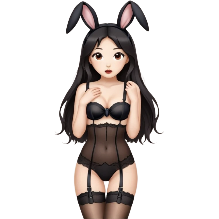 Beautiful Asian woman with full lips, long hair and brown eyes, intimate, sfw black nylon stocking and garter belt, standing pose, wearing black rabbit ears, sfw emoji