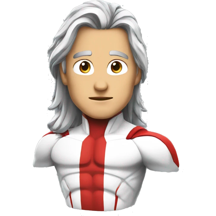 a male canadian superhero wearing red and white clothes including a mapple leaf width long dark grey hair in a ponytail emoji