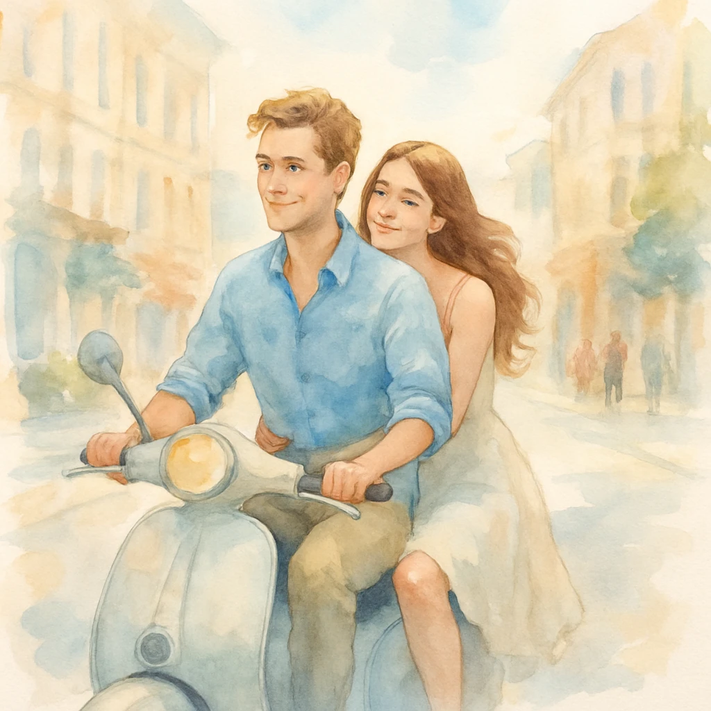 watercolour style, couple on a scooter, city street background, light and airy feel emoji