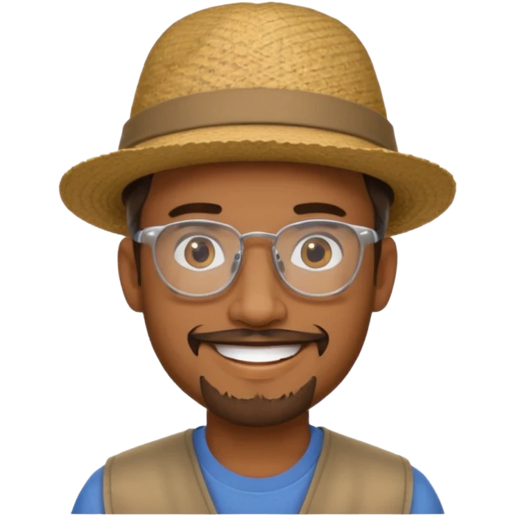Brown man smiling no teeth showing with hat, clear glasses and goatee emoji