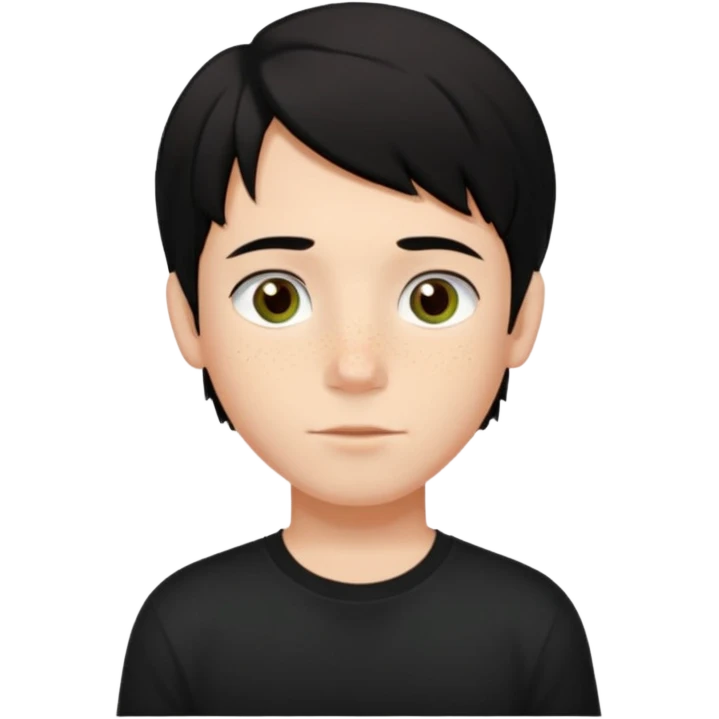 A boy with dark black hair and hazel green and brown eyes and white skin , with freckles and black t shirt with middle part hair hair with a center part haircut  emoji