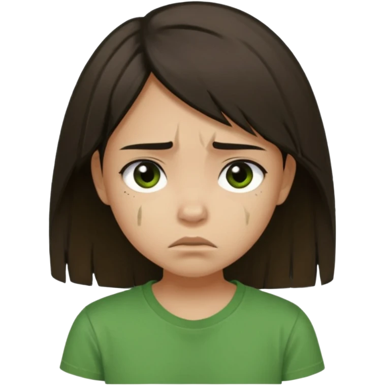 Young girl with straight, dark, damaged, and unkempt hair, wearing a green T-shirt, with a sad and discouraged expression. emoji